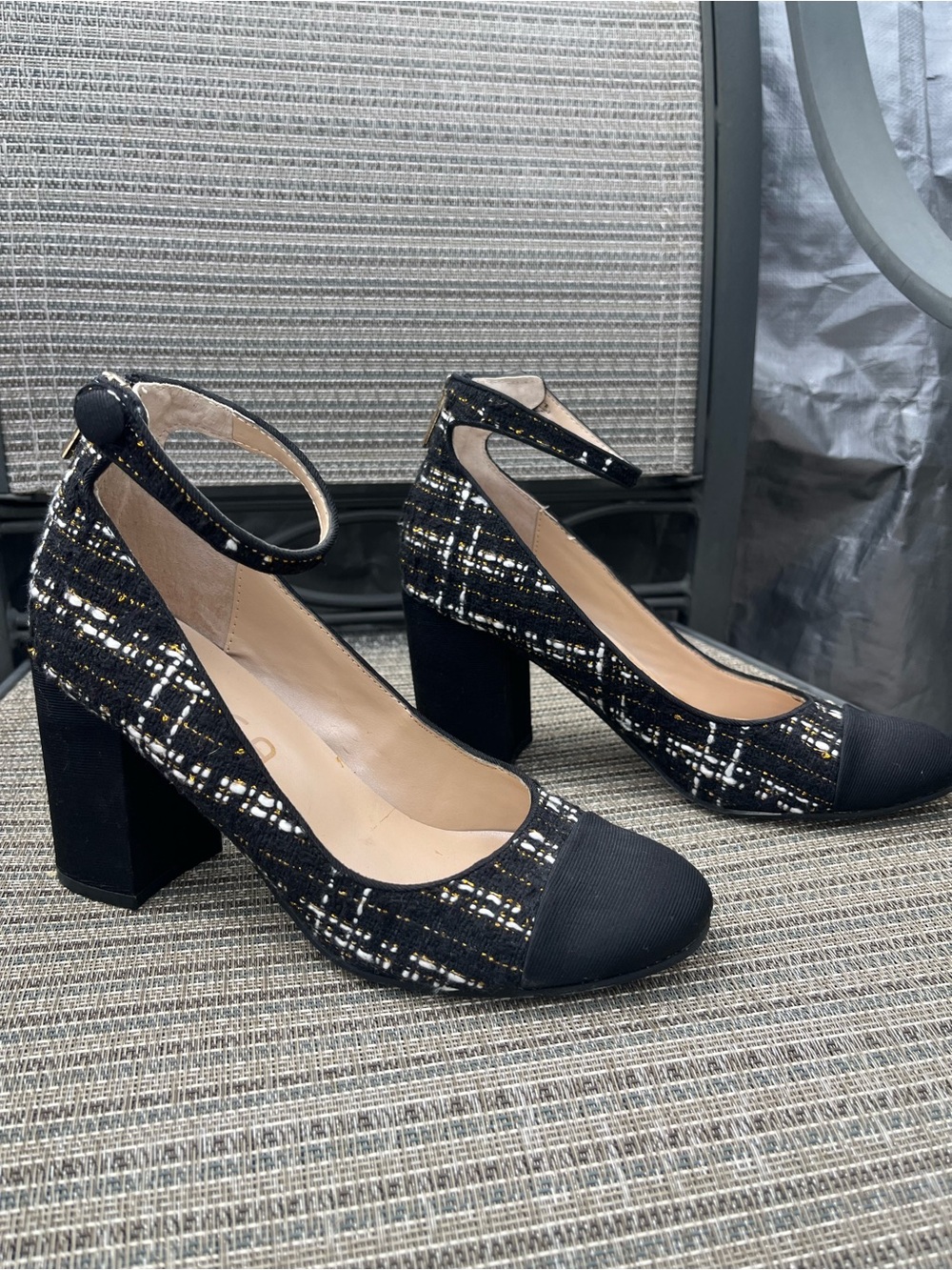 Unisa Black Tweed Block Heel Ankle-Strap Pumps with Gold Thread